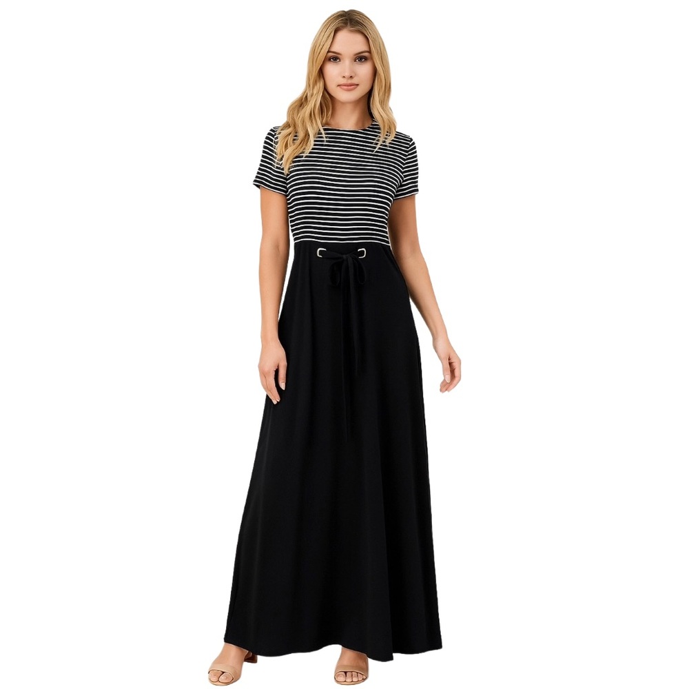 Vintage Nautical Breton Striped Maxi Dress w Drawstring Waist‎